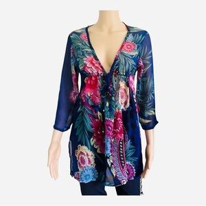 Paradise sheer blue floral cover-up One Size 3/4 sleeves open front tie closure